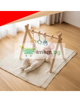 Бебешка гимнастическа играчка Kruzzel, дървена, образователна стойка 4 колела